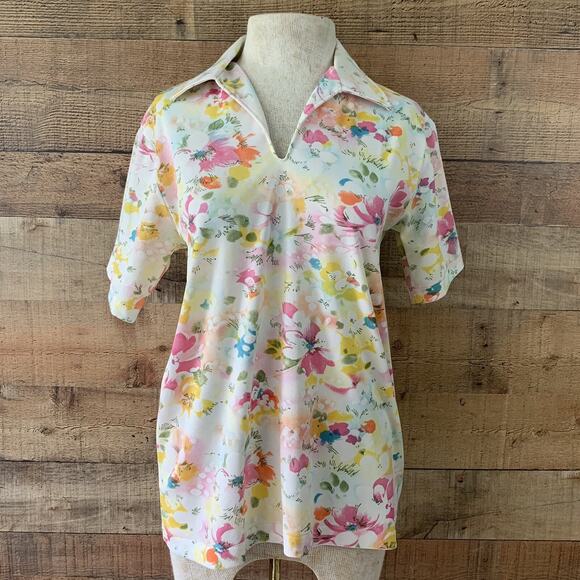 Vintage 1970s Pullover Collared V-neck Abstract Floral Blouse Sz M - Picture 1 of 6